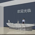 Modern Reception Desk 3D Model With Marble Counter In Blue Lobby And Welcome Sign