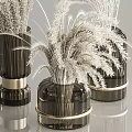 Dark Colored Vases with White Dried Flowers and Elegant Gold Bases