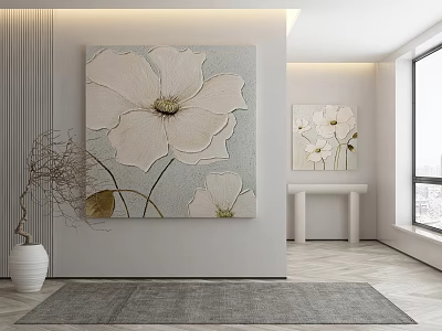 Large And Small Botanical Paintings With White Flowers On Gray Background In Modern Room 3d model