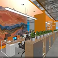Modern Public Office Space With Orange Walls Blue Ceiling Multiple Workstations And Green Plants Computers 3d model