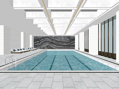 Modern Indoor Swimming Pool Space Featuring Marble Accent Wall And Lounge Chairs 3d model