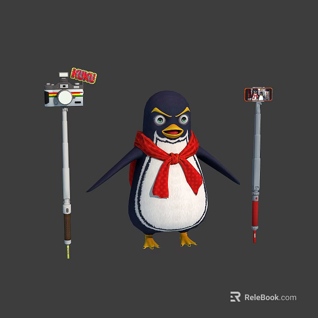 Cartoon Penguin Character With Red Scarf And Kids Selfie Sticks Cameras 3d model 