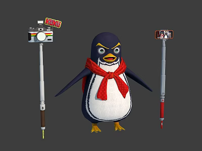 Cartoon Penguin Character With Red Scarf And Kids Selfie Sticks Cameras 3d model