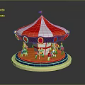 Colorful Carousel With Red And White Canopy Flag And Horse Figures On Blue Orange Base