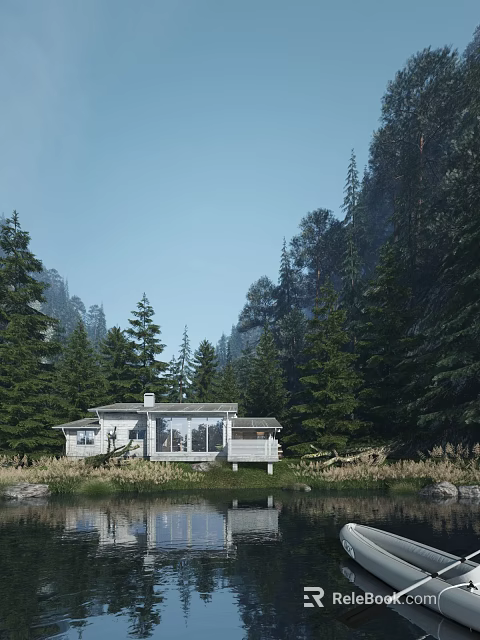 Detached Villa Surrounded By Pine Forest With Modern Design And Large Windows 3d model