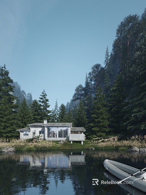 Detached Villa Surrounded By Pine Forest With Modern Design And Large Windows 3d model 