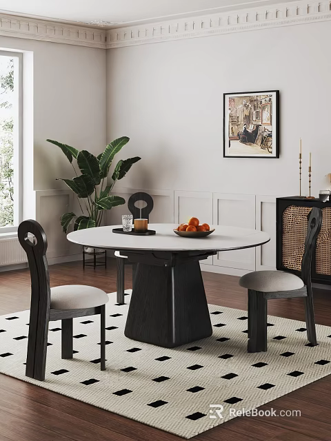 Round Dining Table With Matching Chairs Large Plant Decorative Painting And Wooden Floor 3d model 