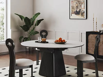 Round Dining Table With Matching Chairs Large Plant Decorative Painting And Wooden Floor 3d model