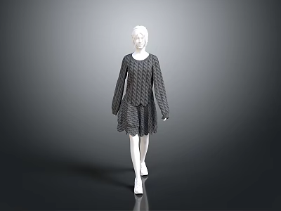 Women's Long Sleeve Knitted Dress with Textured Pattern and Flared Hem Design 3d model