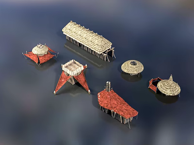 Various Shapes of Wooden Houses with Red and Light Colored Roofs and Stilted Structures 3d model