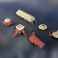 Various Shapes of Wooden Houses with Red and Light Colored Roofs and Stilted Structures