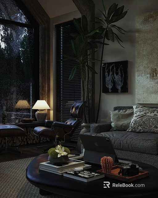 Cozy Living Room Interior With Sofa Armchair Table Lamp And Green Plant 3d model 