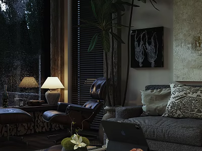 Cozy Living Room Interior With Sofa Armchair Table Lamp And Green Plant 3d model