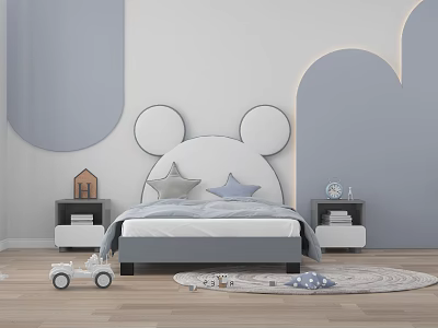 Kids Bed with Mickey Ear Headboard Gray White Bedding Nightstands Toys and Curved Wall Design 3d model