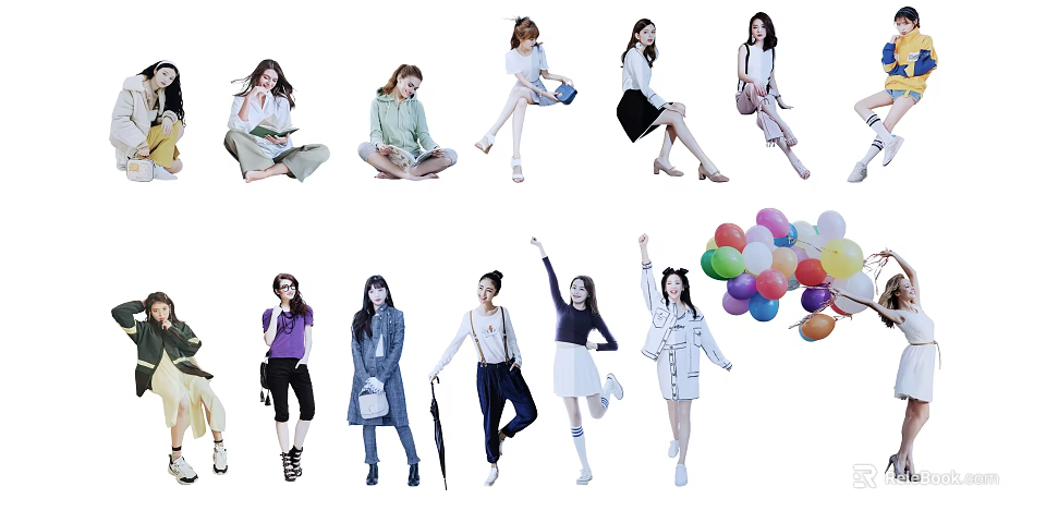 Group of People in Various Poses with Balloons Books and Casual Outfits 3d model 