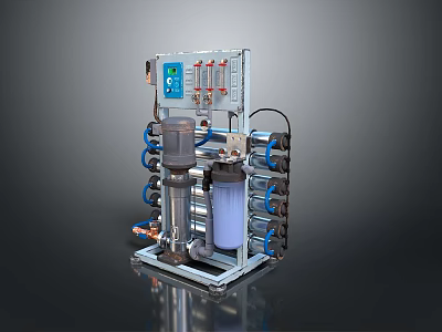 Industrial Water Filtration System With Control Panel Cylindrical Filters And Blue Tubes 3d model