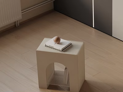 Light Colored Modern Side Table With Book And Egg On Wooden Floor 3d model