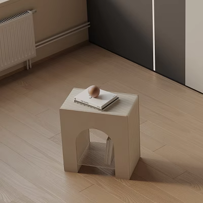 Light Colored Modern Side Table With Book And Egg On Wooden Floor 3d model