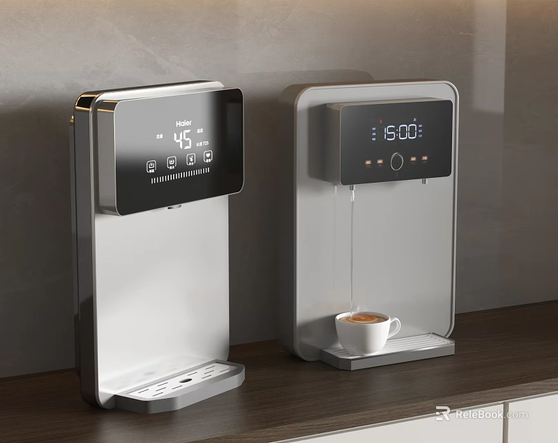 Silver And Light Gray Water Dispensers With Digital Display Showing Temperature Time And Coffee Cup 3d model 