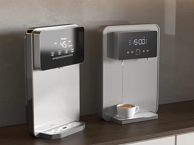 Silver And Light Gray Water Dispensers With Digital Display Showing Temperature Time And Coffee Cup 3d model