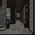 Japanese Style Restaurant Interior With Stone Wall Circular Window Green Plants And Wooden Furniture