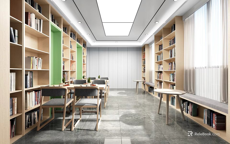 Modern Book Art Library Interior With Wooden Bookshelves Reading Tables and Green Accents 3d model 