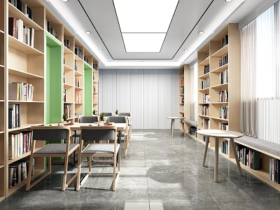 Modern Book Art Library Interior With Wooden Bookshelves Reading Tables and Green Accents 3d model