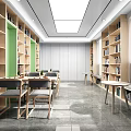 Modern Book Art Library Interior With Wooden Bookshelves Reading Tables and Green Accents