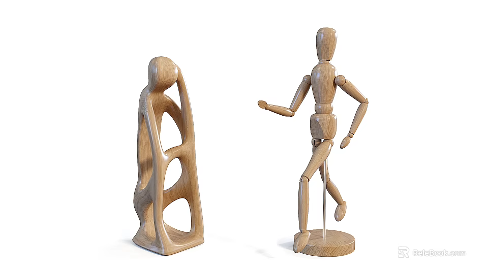 Artistic Wooden Sculptures Featuring Abstract Human Figure And Articulated Mannequin Model 3d model 