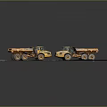 Two Yellow Dump Truck Models Displayed on Platform with Black Background