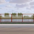 Glass Railing With Orange Frame Along River View And Green Trees Under Cloudy Sky 3d model