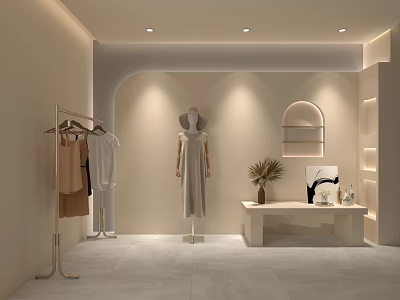Minimalist Clothing Store Interior Featuring Mannequin Dress Clothes Rack And Decorative Lighting 3d model