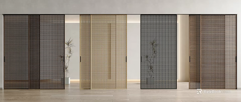 Modern Black and Beige Sliding Doors with Grid Design as Interior Partition in Minimalist Room 3d model 