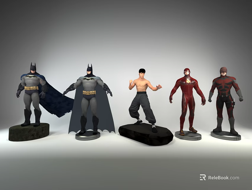Five Different Game and Movie Character Action Figures in Dynamic Poses with Detailed Costumes 3d model 