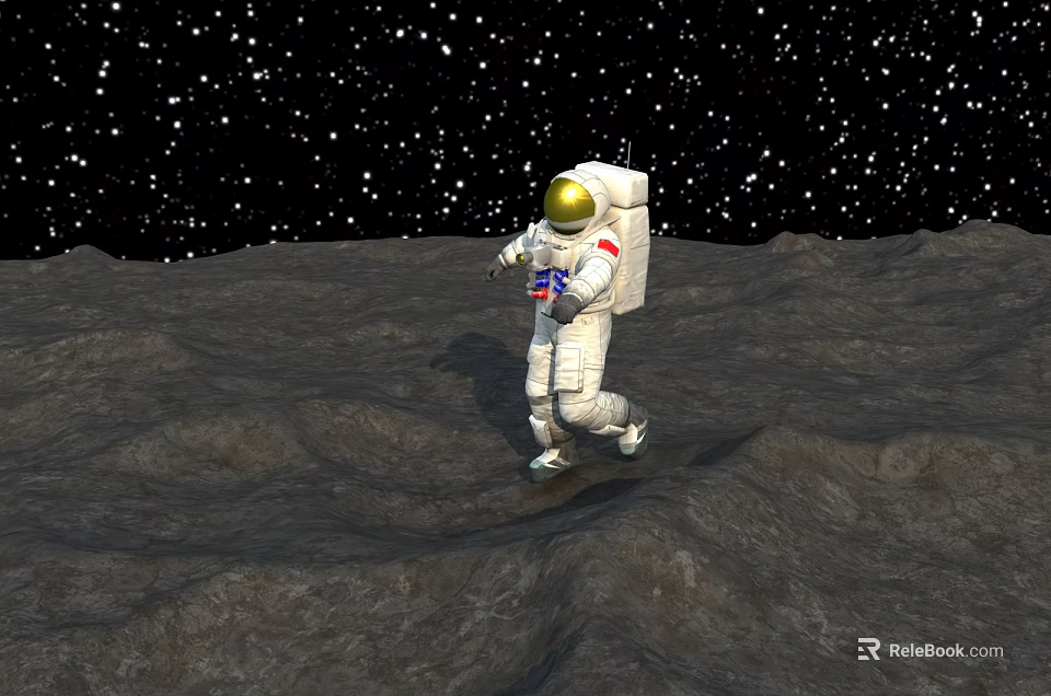 Man Astronaut Walking On Lunar Surface With Starry Sky Background 3d model 