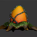 Orange Fruit Decorated With Green Vines And Blue Accents On Green Leaf Brown Stand