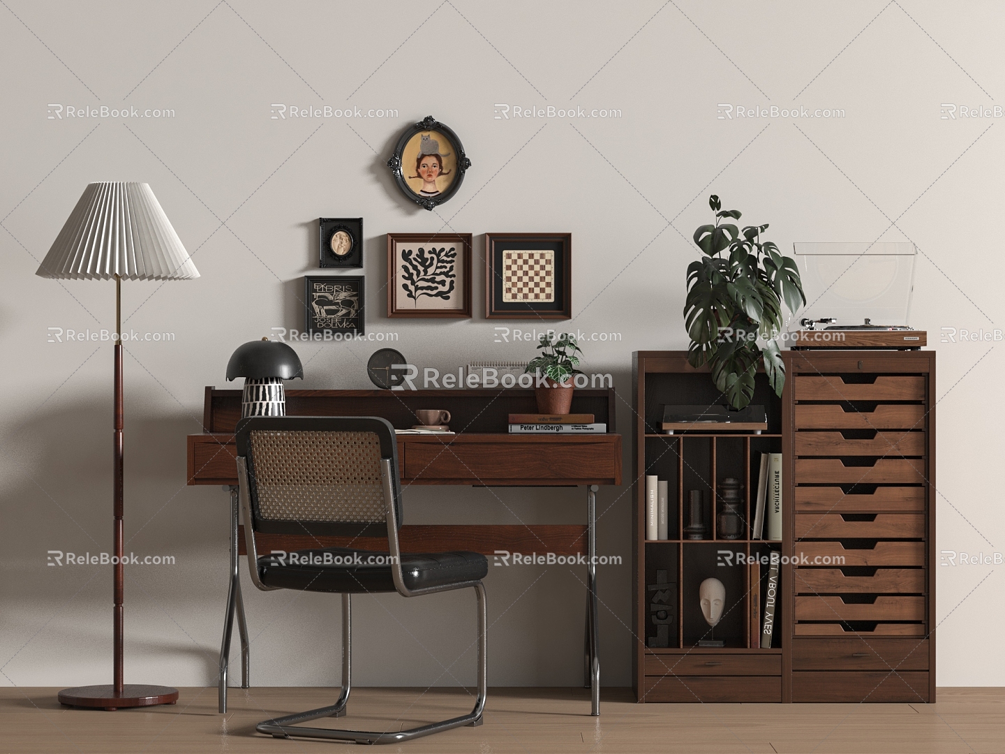 Antique desk and chair combination storage cabinet 3d model