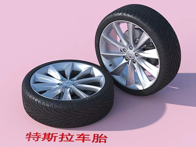 Tesla Tires With Silver Alloy Rims Display On Pink Background 3d model