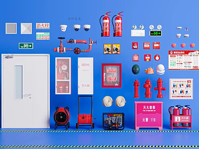 Essential Fire Safety Equipment Including Extinguishers Hydrants Hoses Signs Cabinets And Lights 3d model