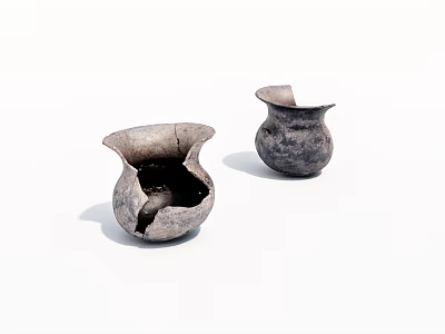 Pair of Cracked Ceramic Vessels With Distressed Finish And Irregular Shapes 3d model