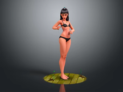 Game Movie Female Character In Black Bikini On Green Circular Platform With Gray Background 3d model