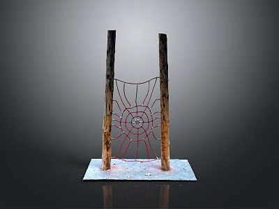Natural Landscape Featuring Wooden Posts Red Net Structure And Blue Base 3d model