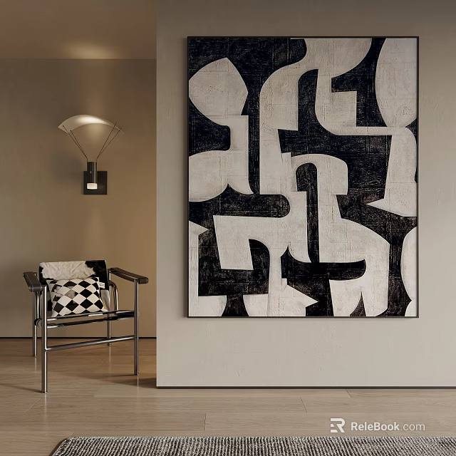 Abstract Black And White Painting In Modern Interior With Chair And Wall Lamp 3d model 