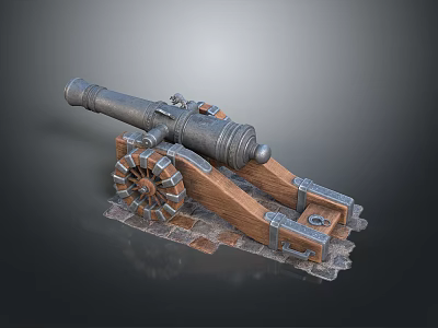 Ancient Cannon Medieval Weapon With Metal Barrel Wooden Carriage And Spoked Wheels 3d model