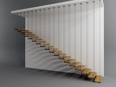 Modern Floating Stairs With Wooden Steps And Cable Supports On White Wall 3d model