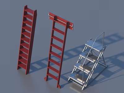 Different Types of Hardware Tools Ladders Including Red Straight and Silver Step Ladders 3d model