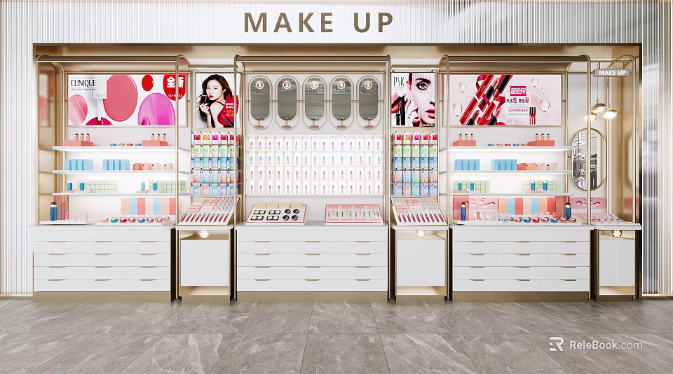 Modern Cosmetics Display Shelves in Retail Store with Organized Makeup Products and Mirrors 3d model 