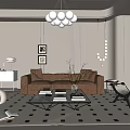 Elegant Modern Living Room Interior With Brown Sofa Glass Coffee Table And Chandelier