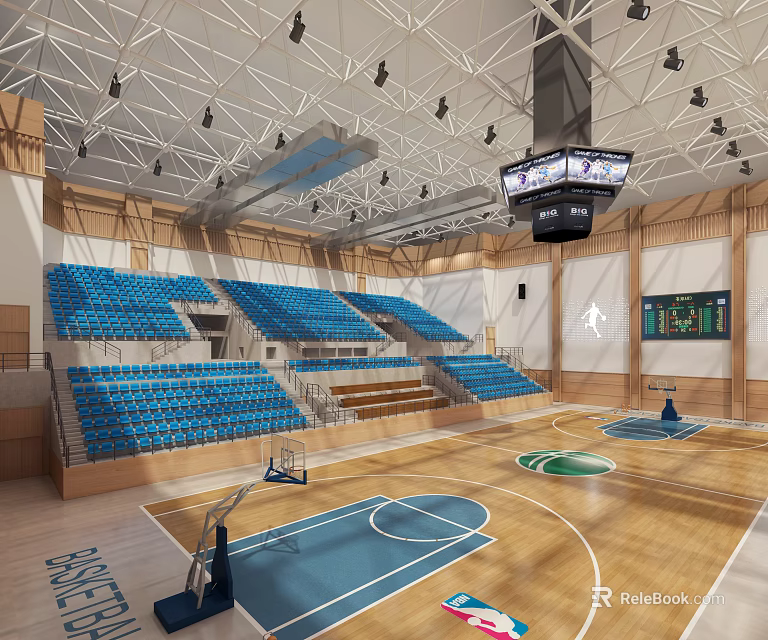 Modern Basketball Gymnasium With Blue Spectator Stands Wooden Floor Ceiling Lights And Hanging Scoreboard 3d model 