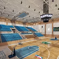 Modern Basketball Gymnasium With Blue Spectator Stands Wooden Floor Ceiling Lights And Hanging Scoreboard